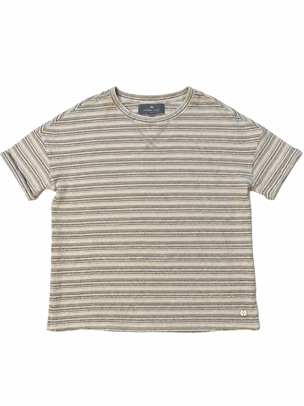 Andrew Marc women's Short Sleeve Striped Crewneck Tee in Beige and Brown size s